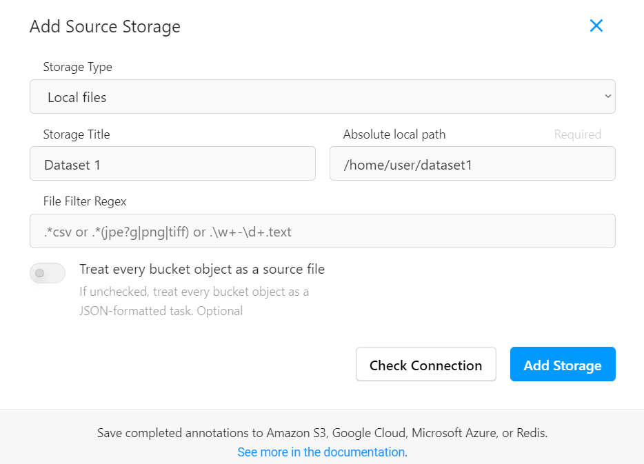 Screenshot of the local storage settings for user task.